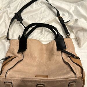 Fossil Emerson Color Block Side Pocket Satchel Tote Purse Leather Tan Black